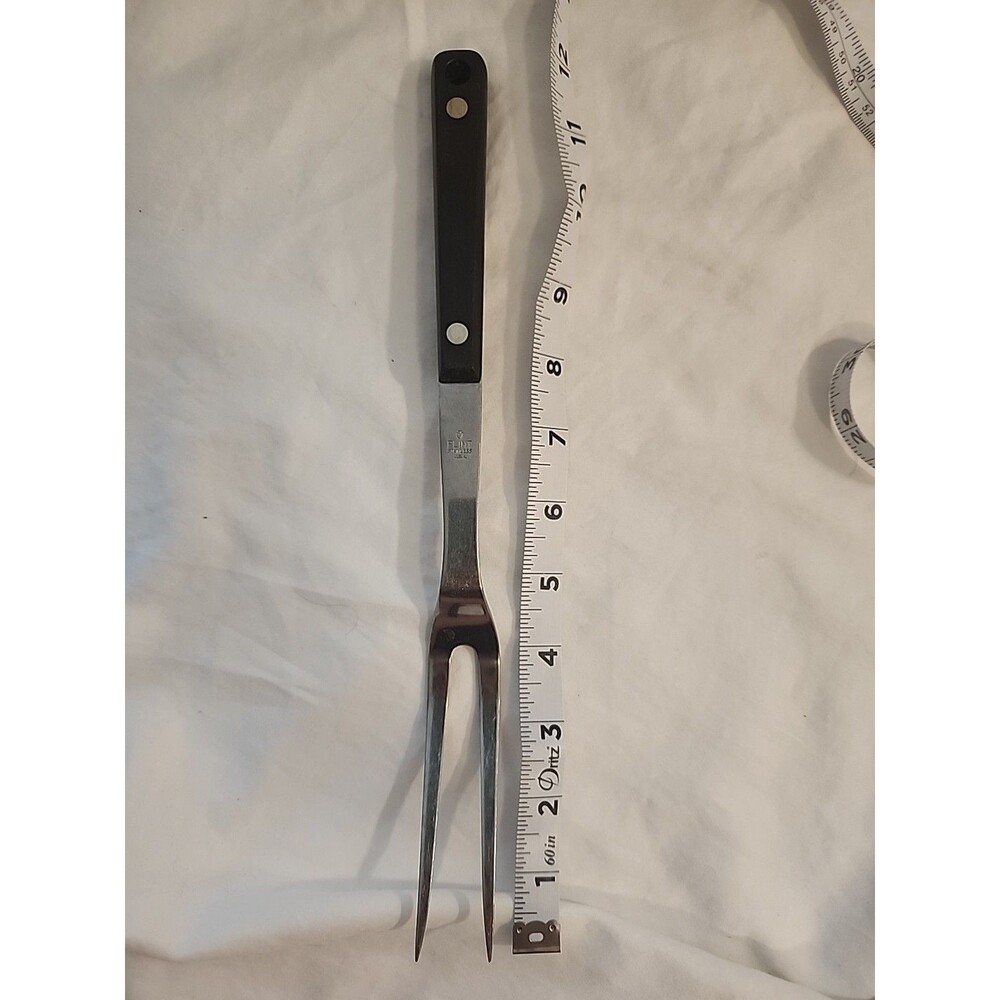 Vintage FLINT USA stainless Carving Fork Serving Meat Black handle 12"